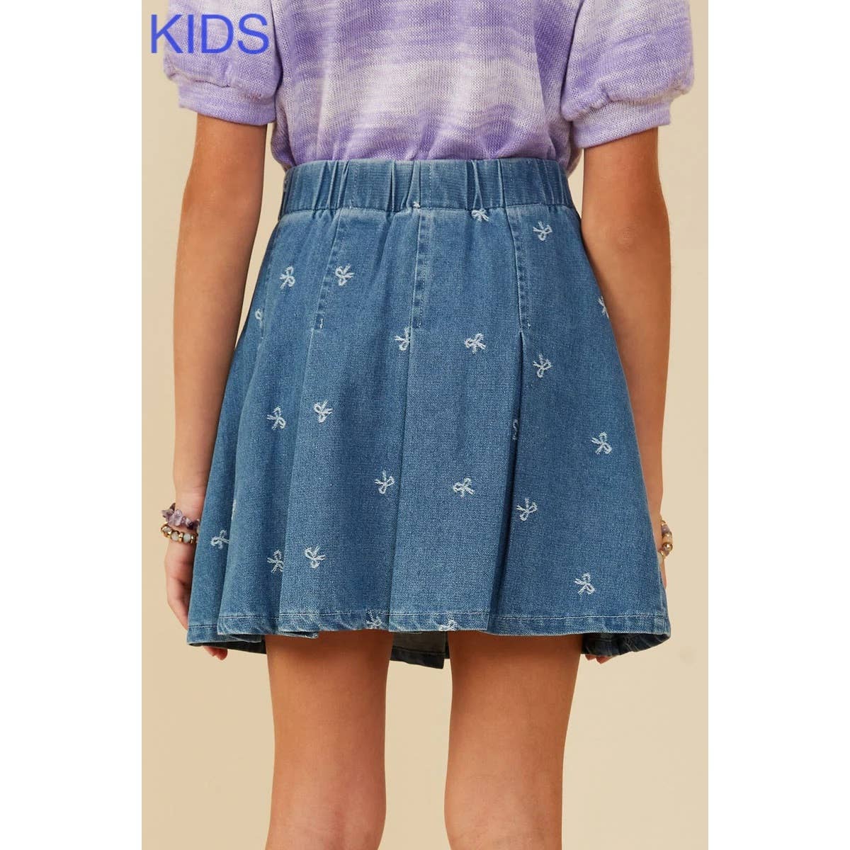 Girls Bow Printed Pleated Denim Skirt