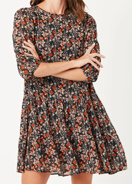 Drop Waist Long Sleeve Botanical Print Chiffon Dress
