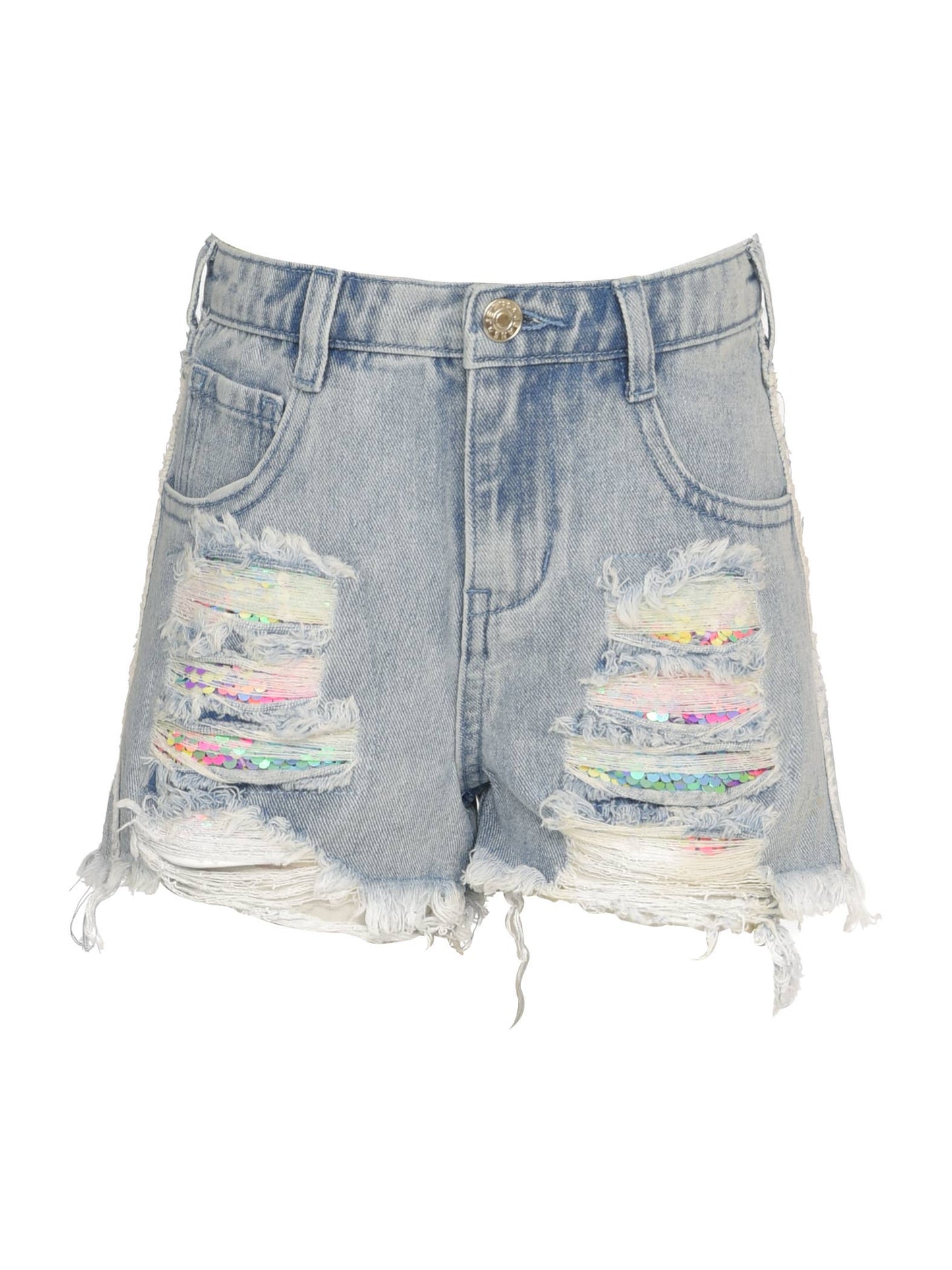 DENIM SHORTS W/ SEQUIN DISTRESS
