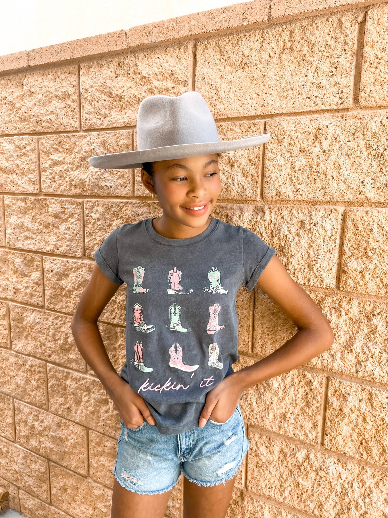 Kickin It cowboy boot tween embroidery tee