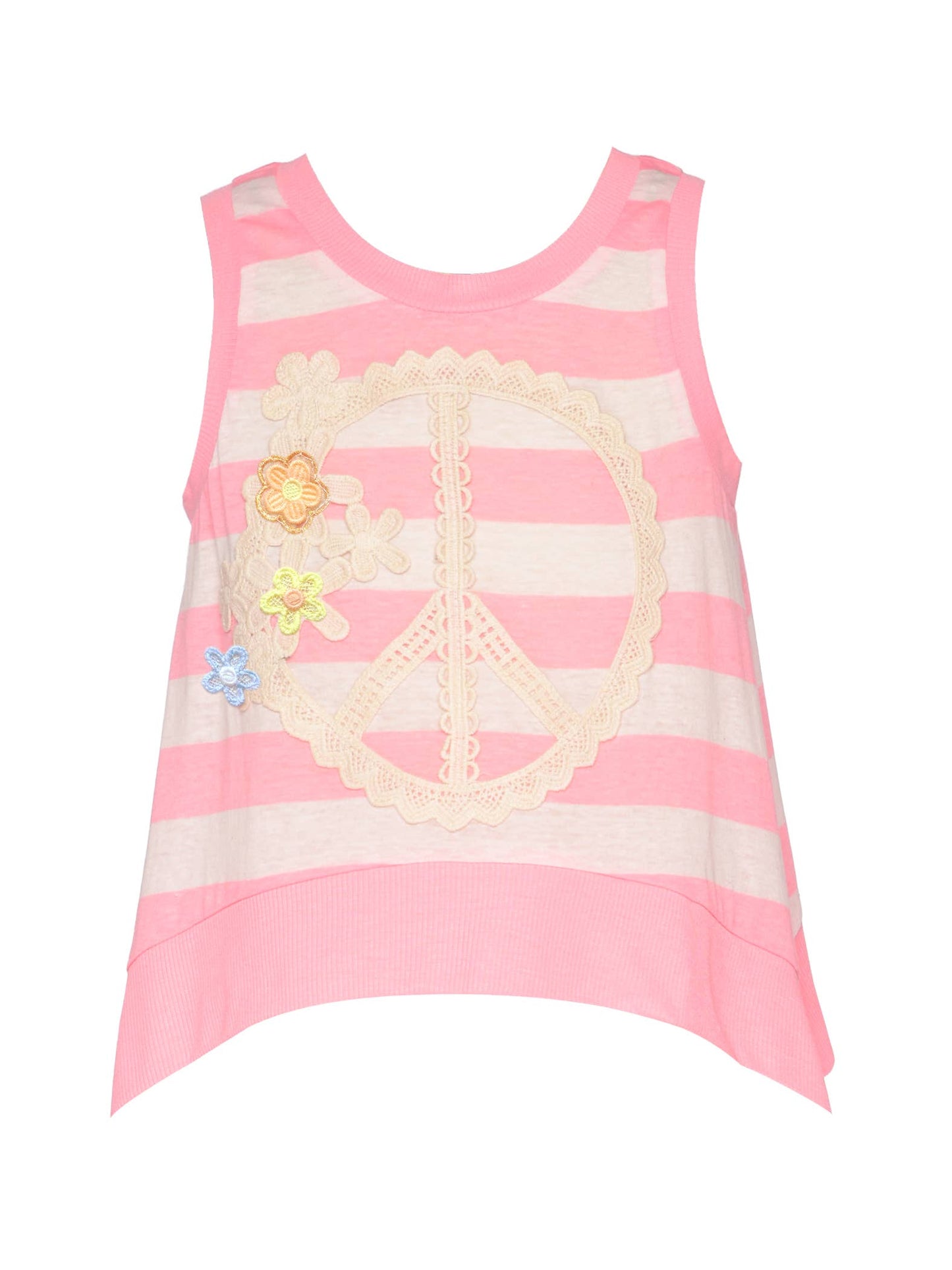 PEACE TANK TOP WITH SHARK BITE HEM AND CONTRAST RIB BAND