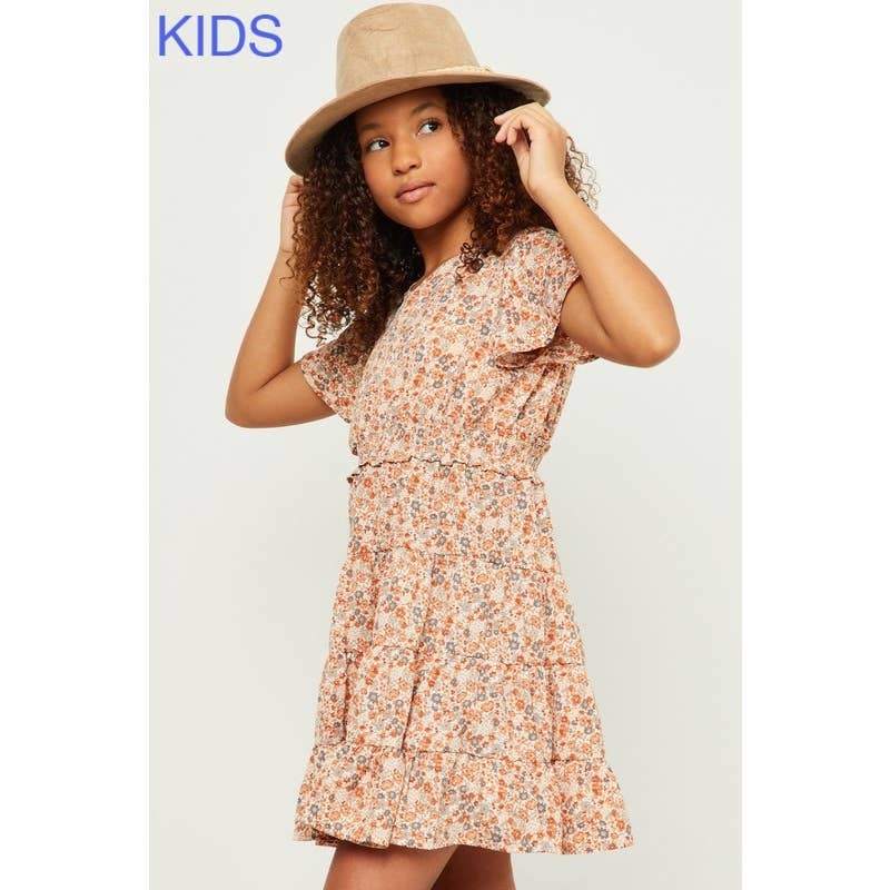 Girls Flutter Sleeve Smocked Waist V Neck Dress
