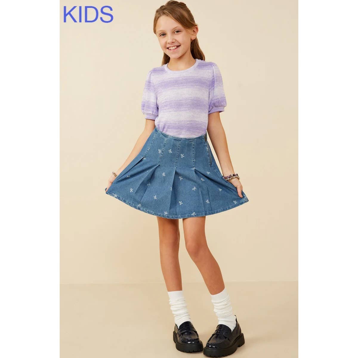 Girls Bow Printed Pleated Denim Skirt