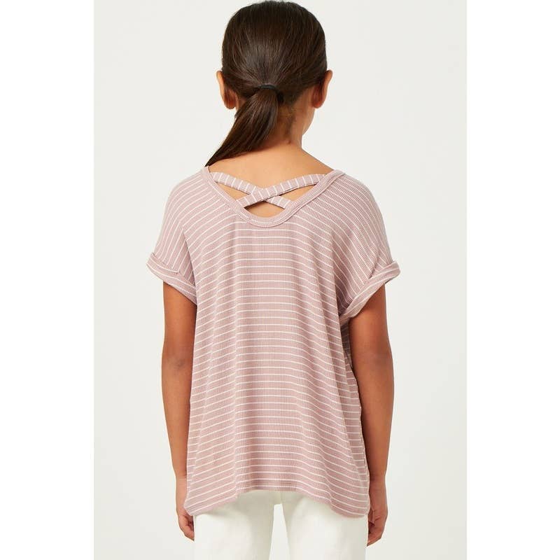 Girls Ribbed Stripe Crossback Knit Tee