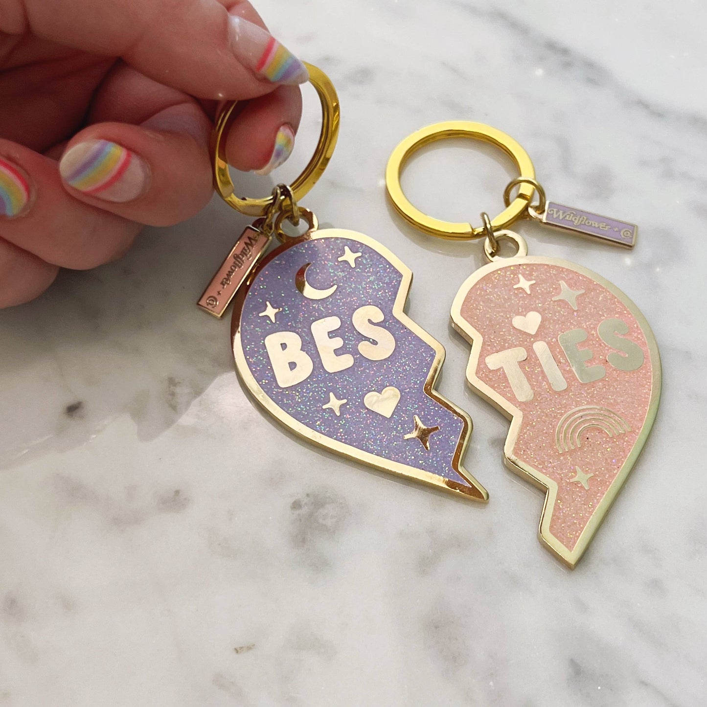 Besties Split Heart Keychain S/2, Pink & Lilac