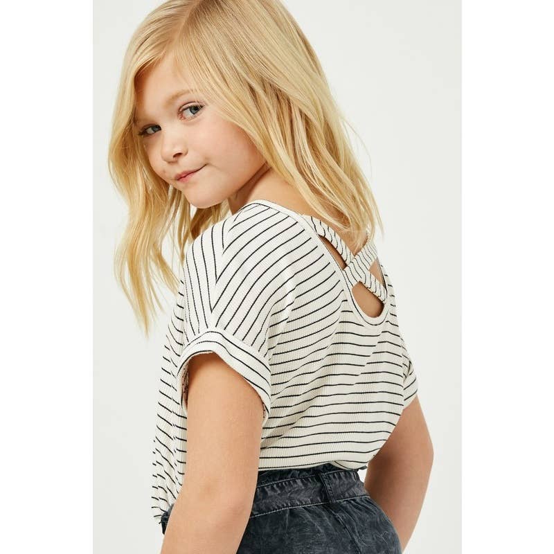 Girls Ribbed Stripe Crossback Knit Tee