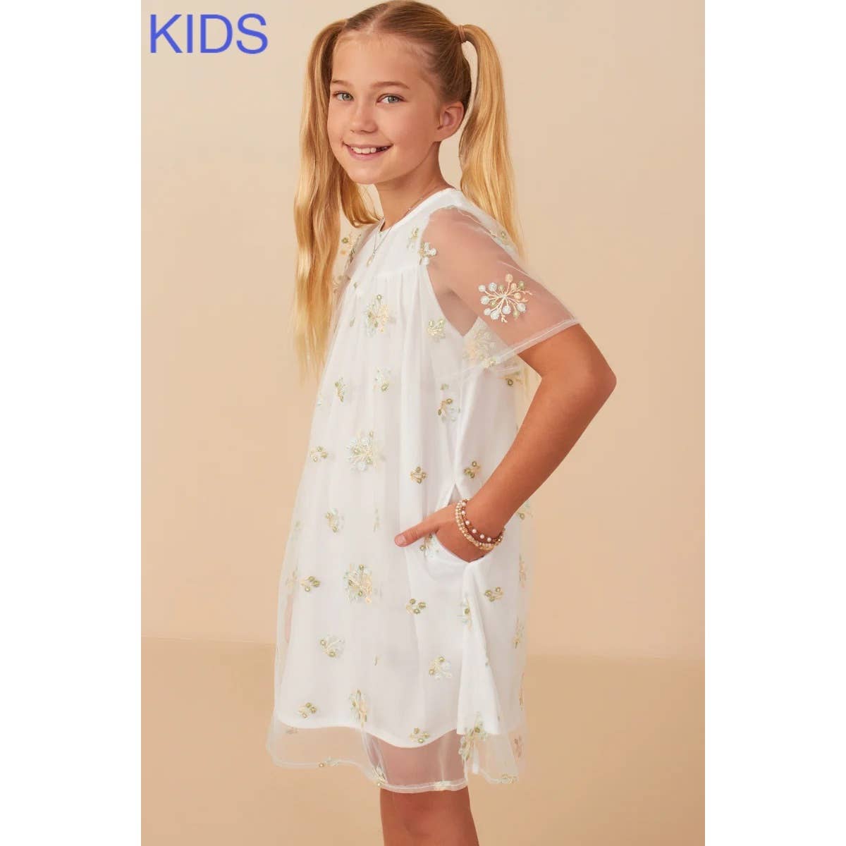 Girls Floral Embroidered Mesh Midi Dress