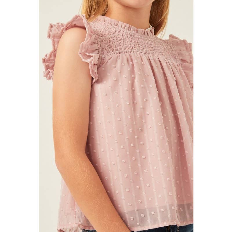 Girls Ruffled Sleeve Smocked Swiss Dot Tank