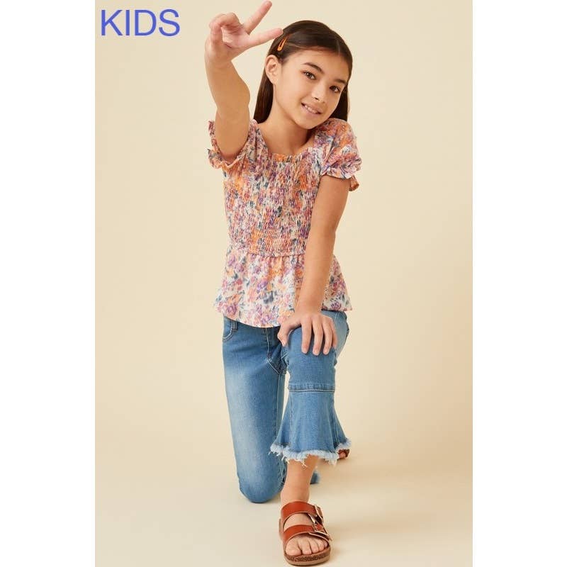 Girls Floral Puff Sleeve Smocked Top