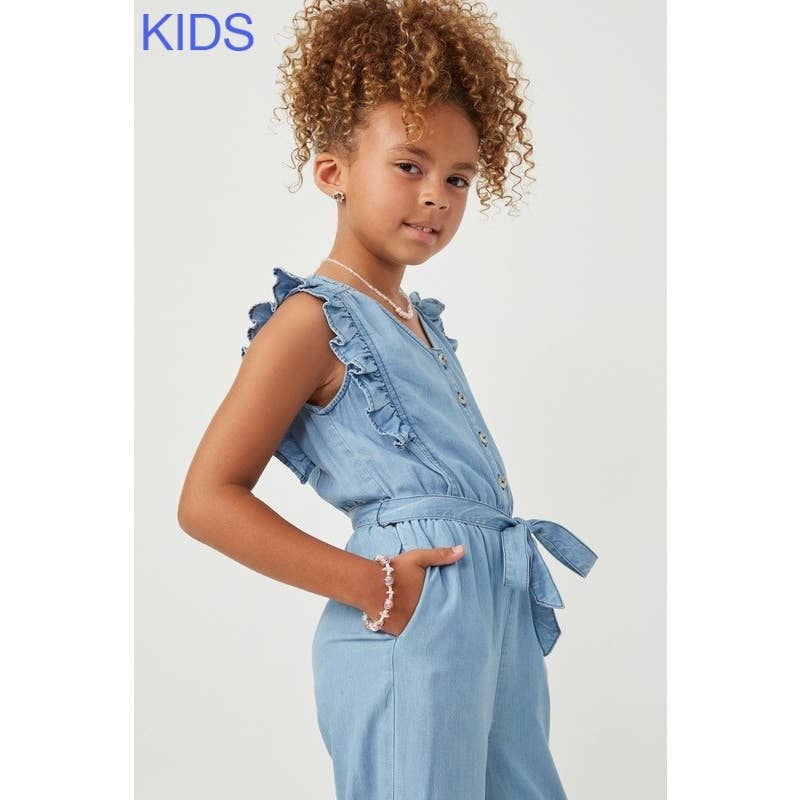 Girls Tencel Buttoned Ruffle Tank Wideleg Jumpsuit