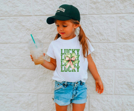 YOUTH Lucky Stacked Clover Coquette Bow Tee St Patrick’s Day