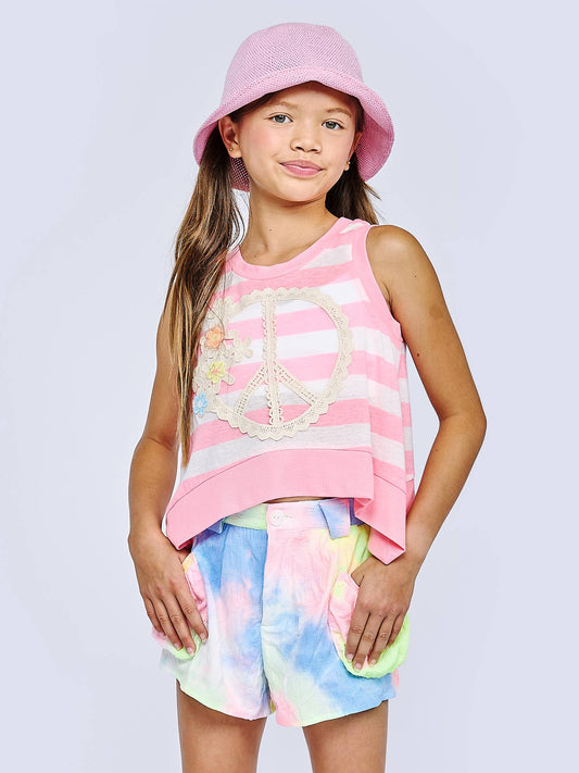 PEACE TANK TOP WITH SHARK BITE HEM AND CONTRAST RIB BAND