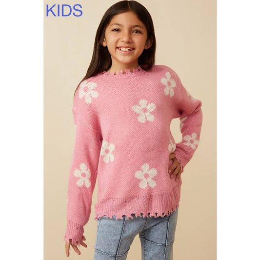 Girls Distressed Floral Patterned Pullover Sweater