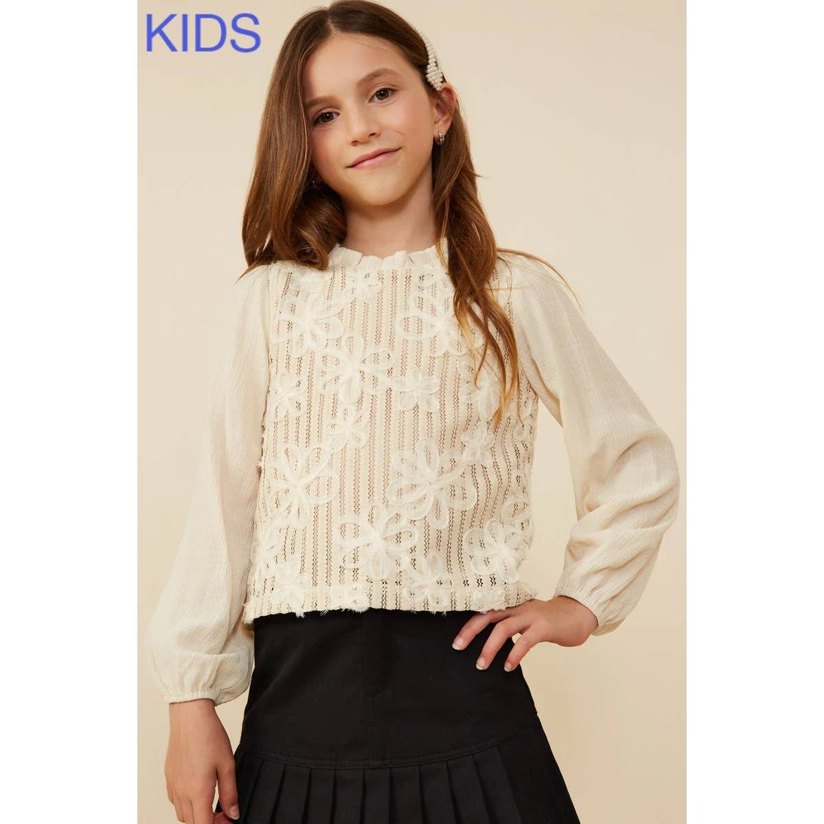 Girls Floral Embroidered Textured Puff Sleeve Top