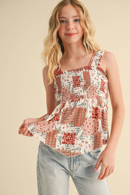 TWEEN GIRLS KIDS WIDE STRAP PEPLUM TANK WITH SMOCKED