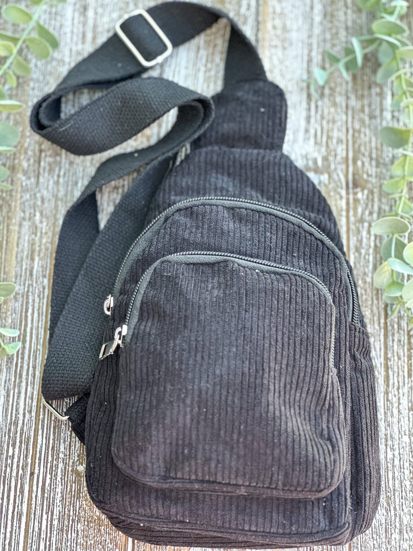 "The Corey" Black Corduroy Sling Bag