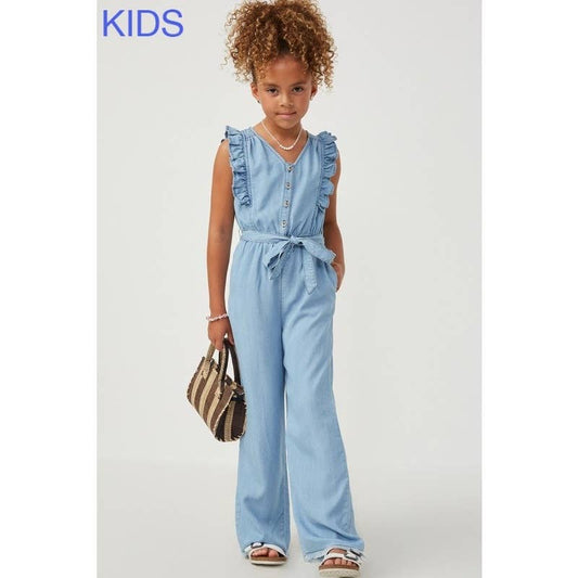 Girls Tencel Buttoned Ruffle Tank Wideleg Jumpsuit