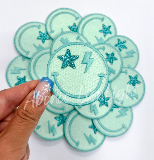 Turquoise glitter star bolt smiley face patch