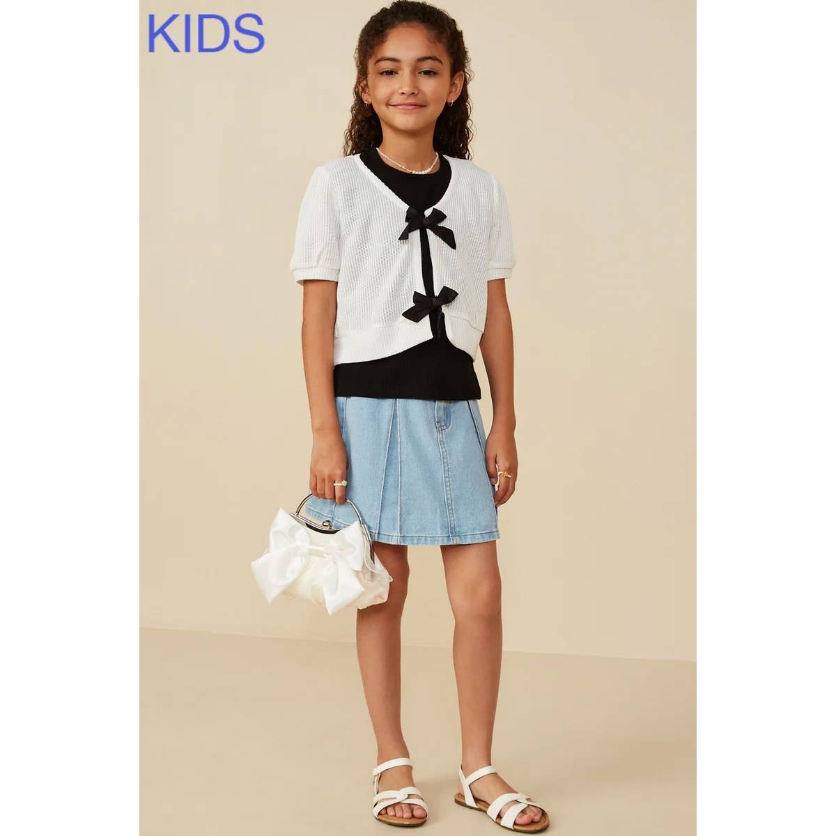 Girls Ribbed Knit Bow Detail Short Sleeve Open Top