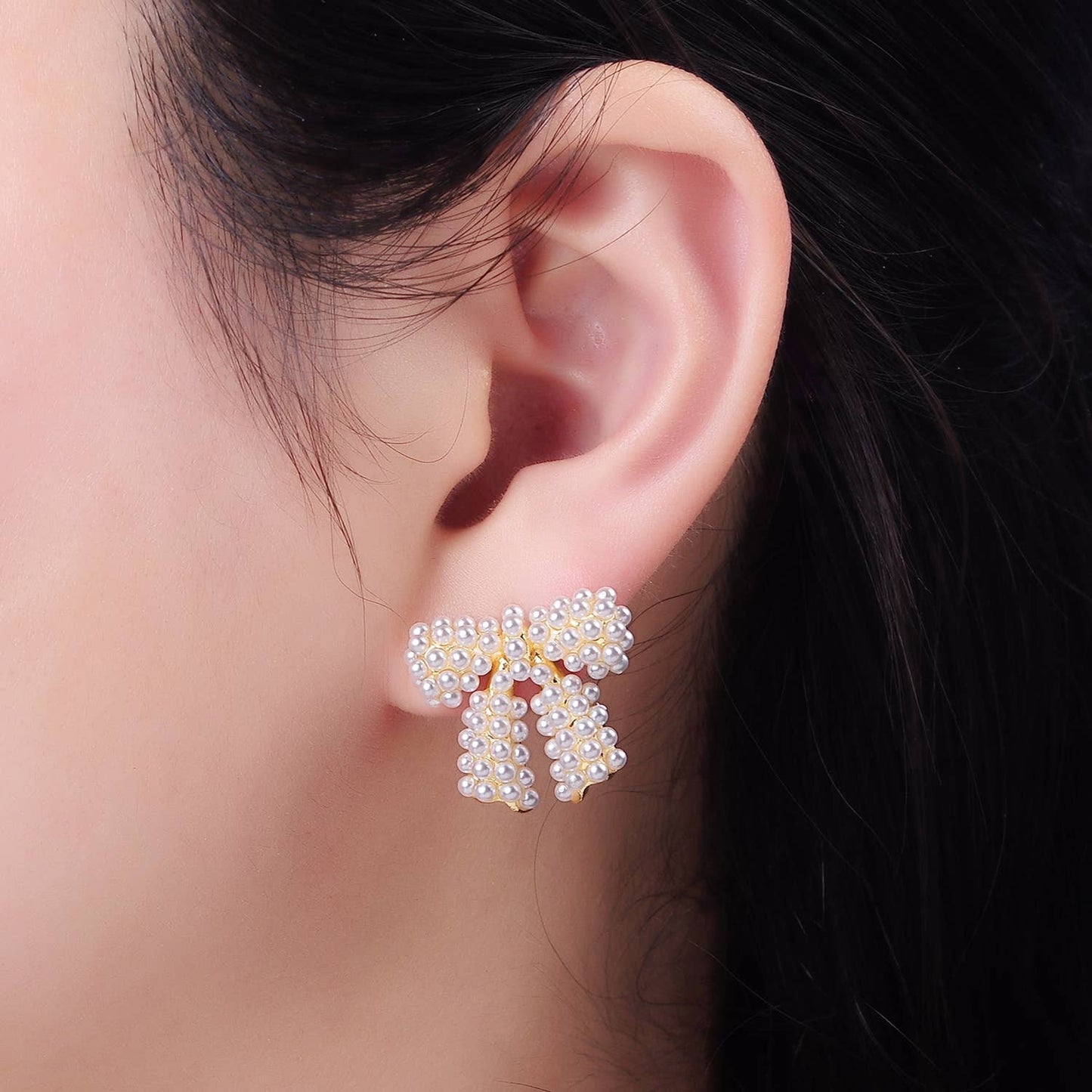 Pearl Ribbon Bow Stud Earrings