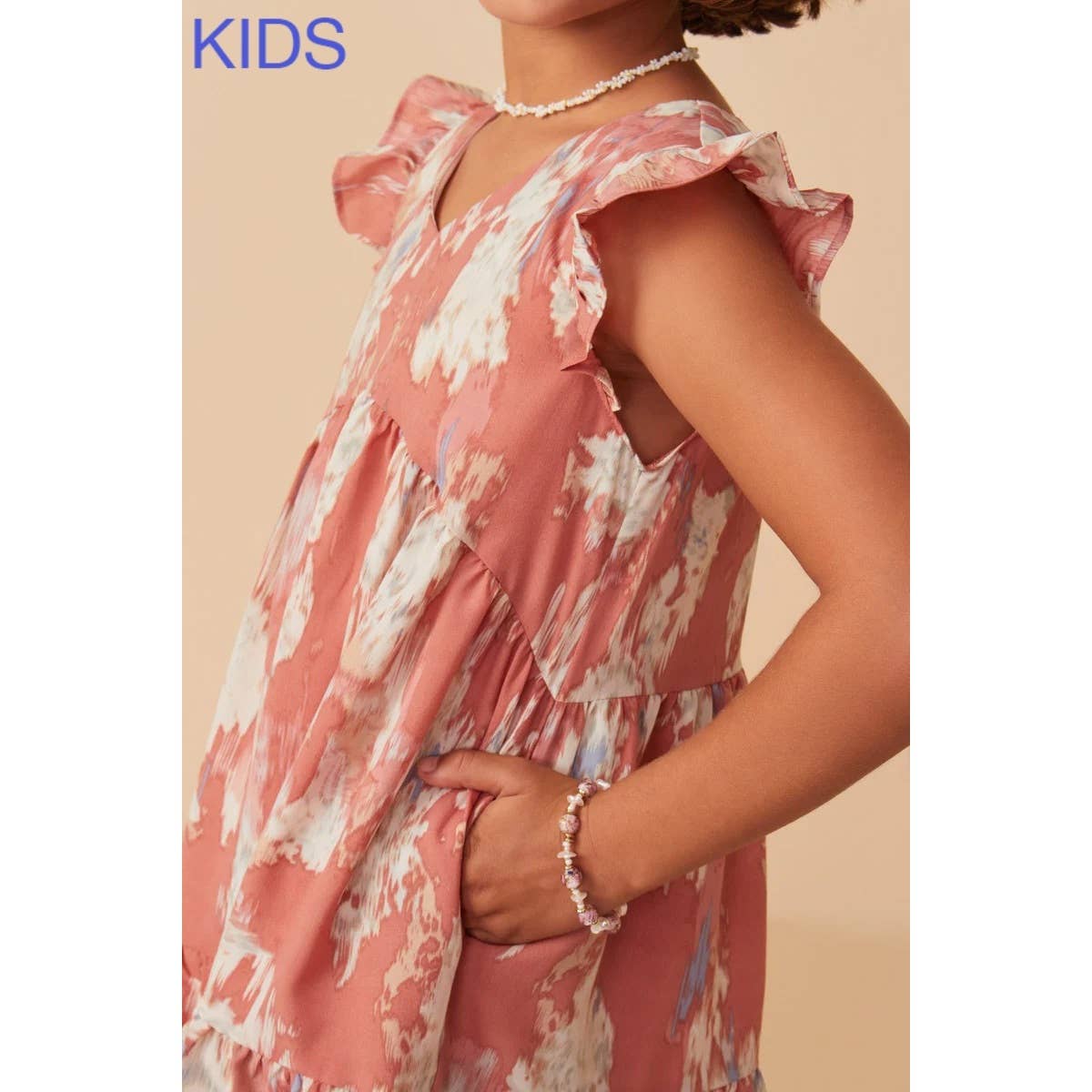 Girls Watercolor V Neck Tiered Ruffled Dress