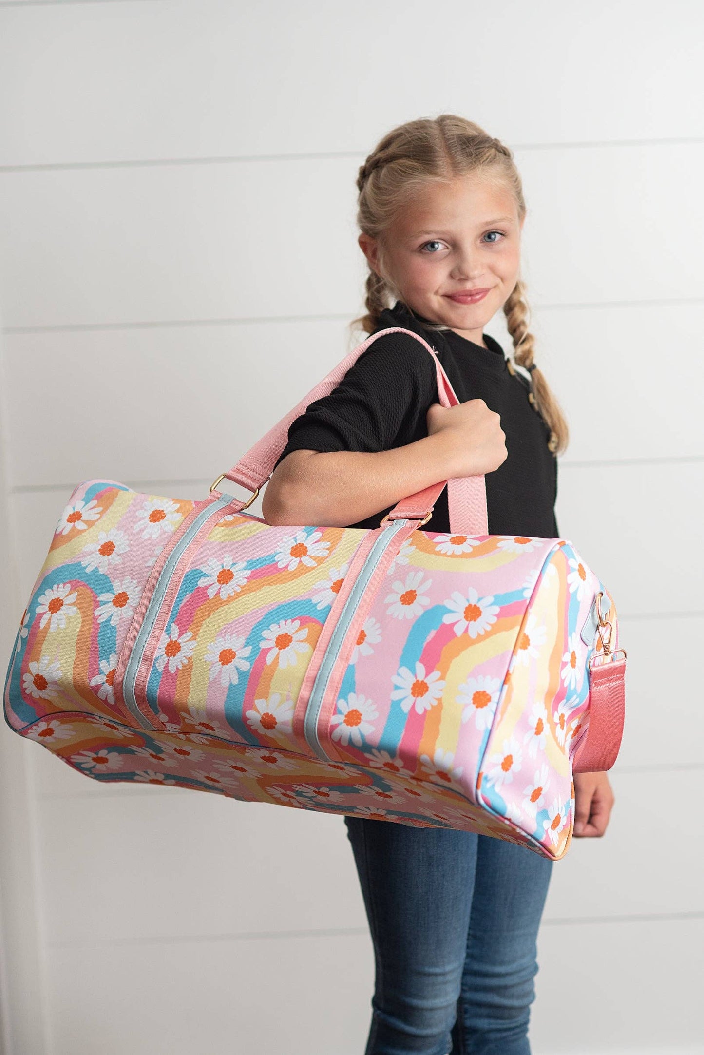 Kids Pink Rainbow Retro Daisy Weekender Dance Travel Bag