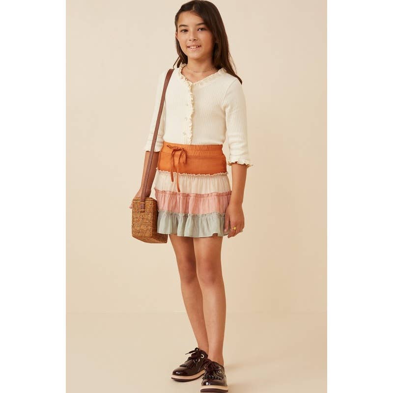 Girls Drawstring Color Blocked Textured Tier Skirt