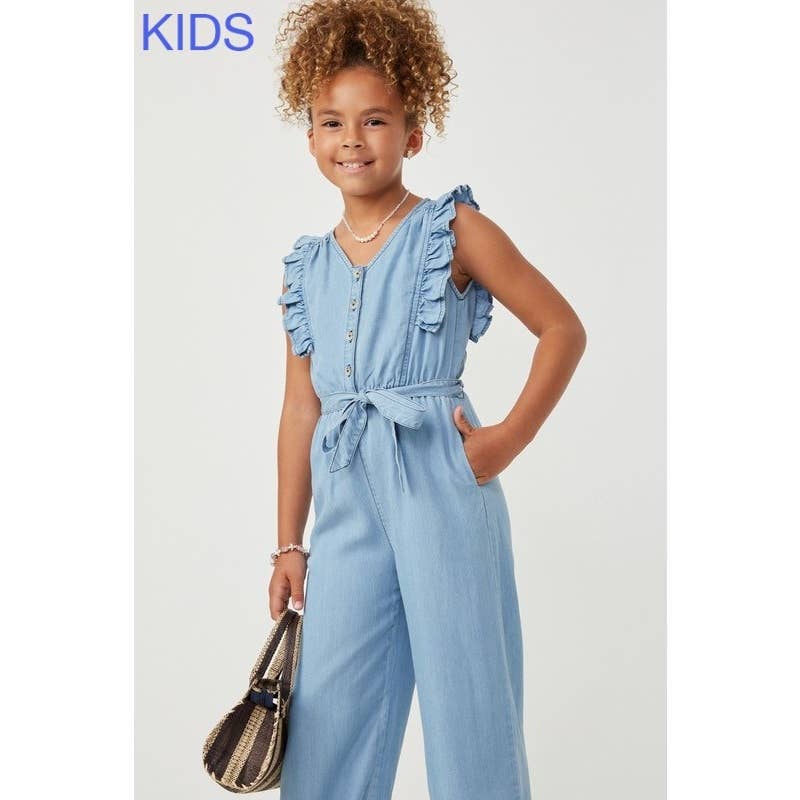 Girls Tencel Buttoned Ruffle Tank Wideleg Jumpsuit