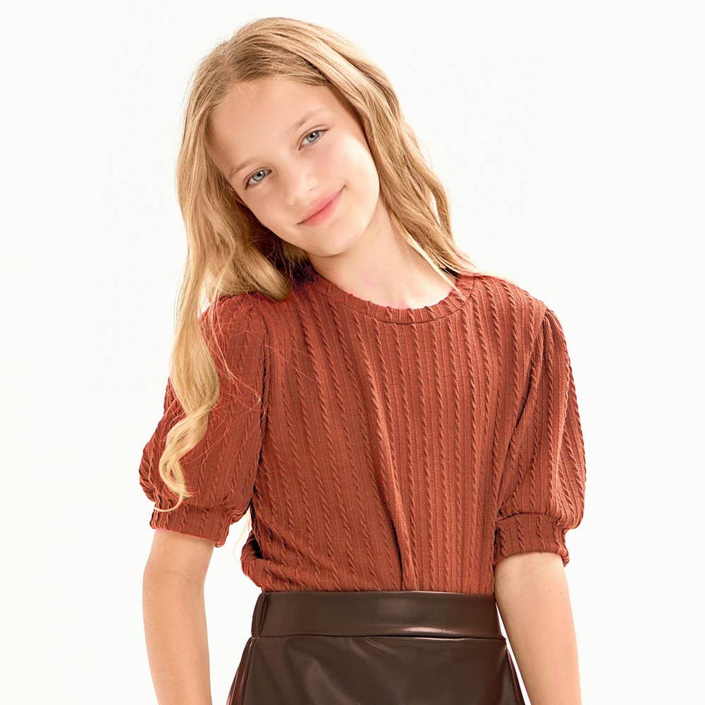 Embossed Knit Short Puff Sleeves Top