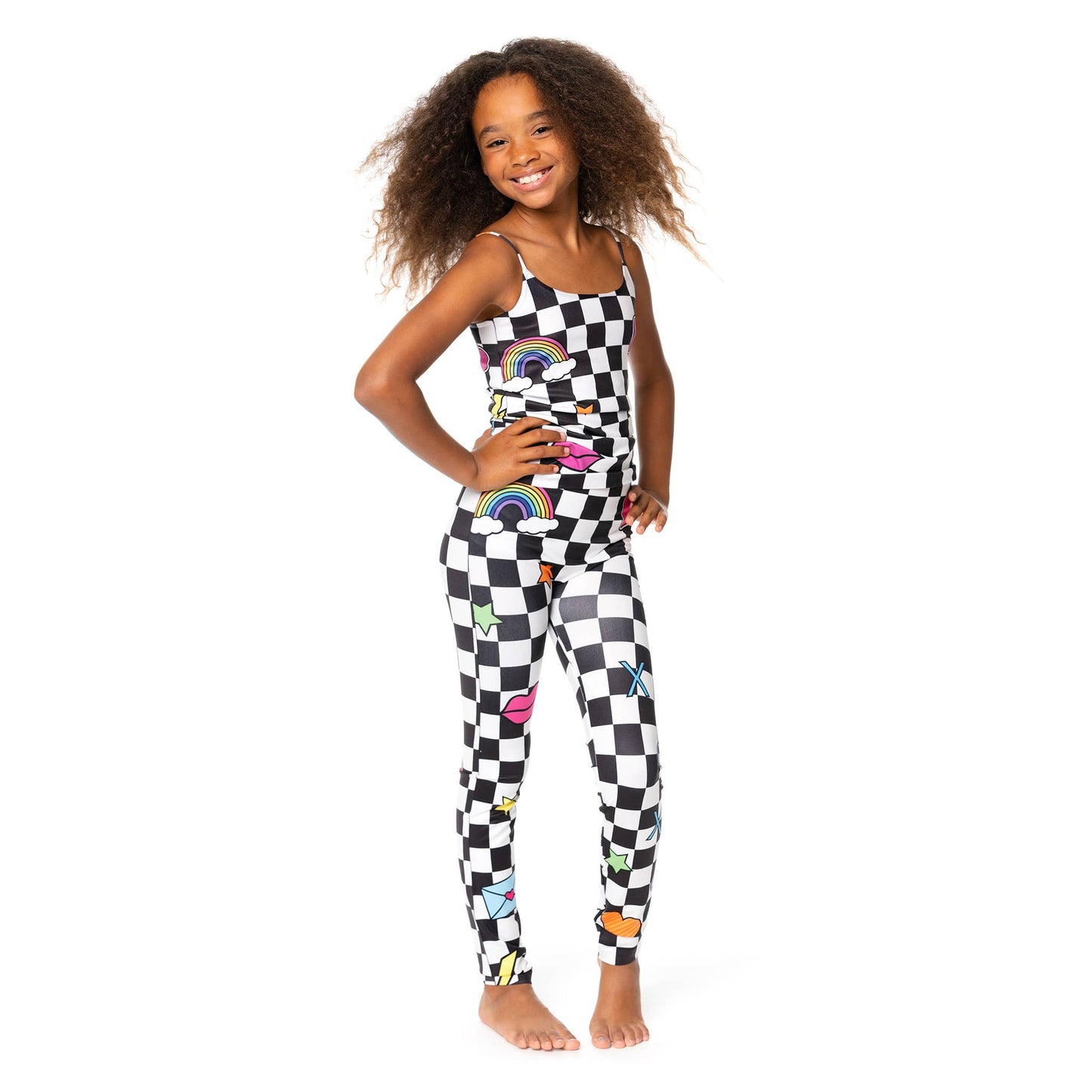 Girls (7-14) Blk & Wht Checkered w/ Icons Print