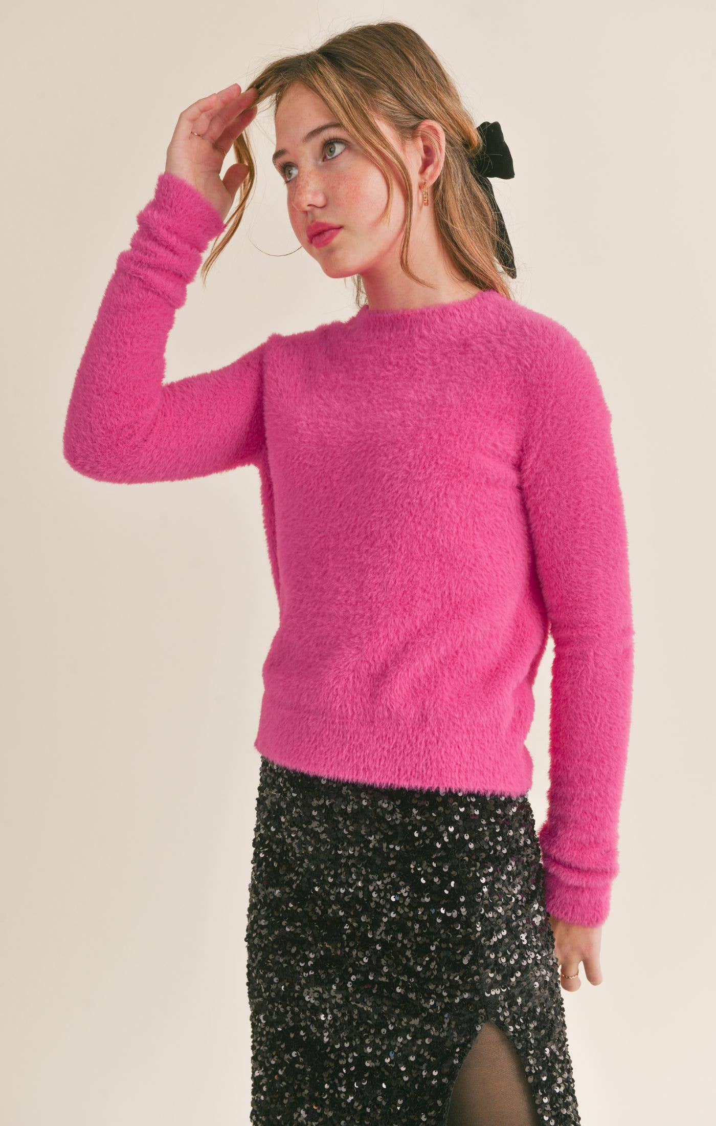 Tween Ari Fuzzy Sweater: MAGENTA