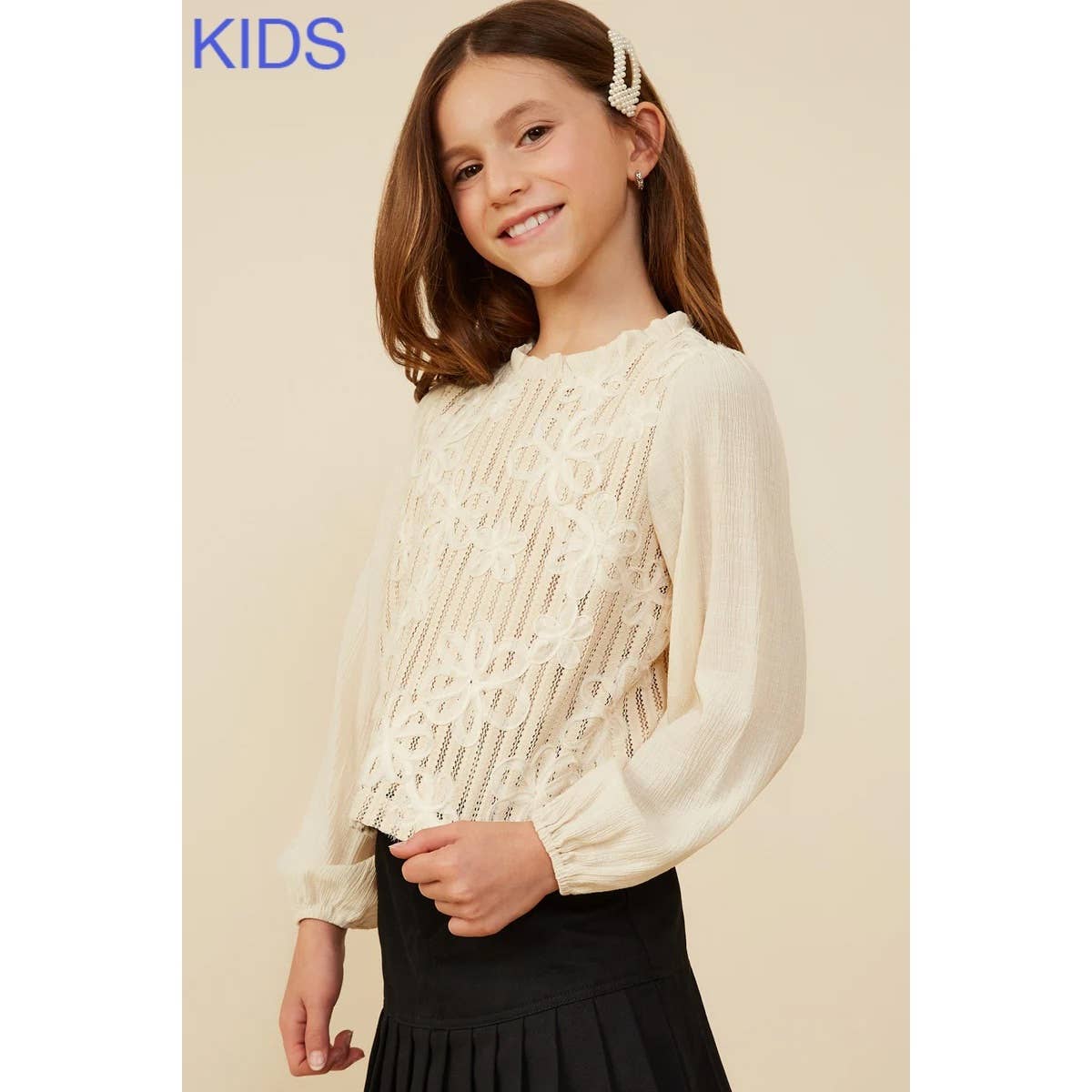 Girls Floral Embroidered Textured Puff Sleeve Top