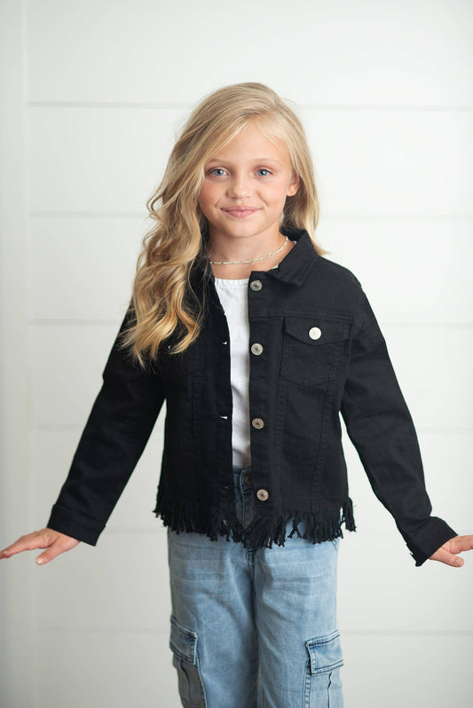 Kids Black Denim Fringe Fall Winter Button Jacket