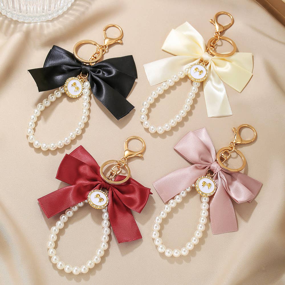 Elegant Satin Bow Pearl Keychain