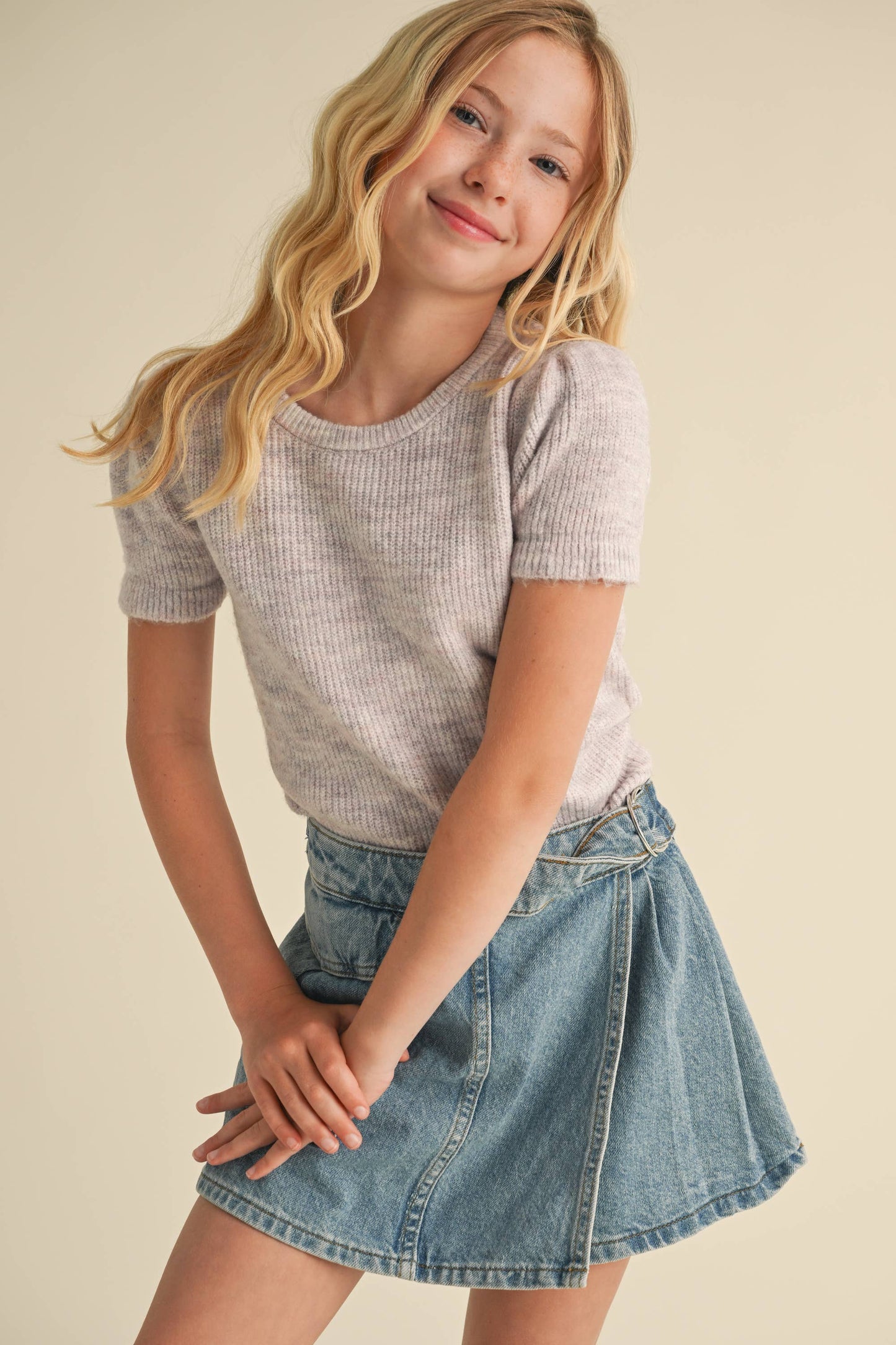 GIRLS PUFF SLEEVE CROPPED SWEATER