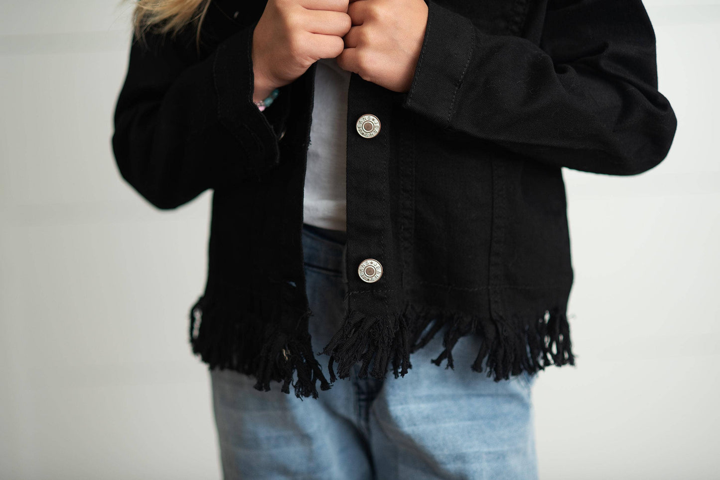 Kids Black Denim Fringe Fall Winter Button Jacket