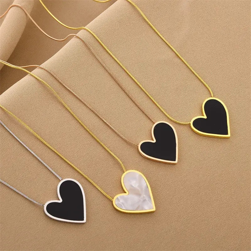 Large Heart Black Pendant Necklace in Gold or Silver