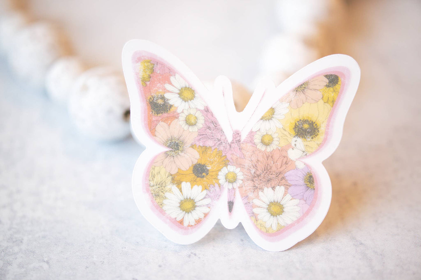 Pink Floral Butterfly Spring, Clear Vinyl , Sticker, 3 in.