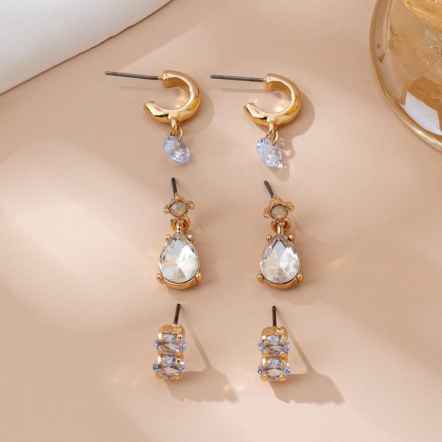 Trio Gold-Tone Crystal Drop Earring Set