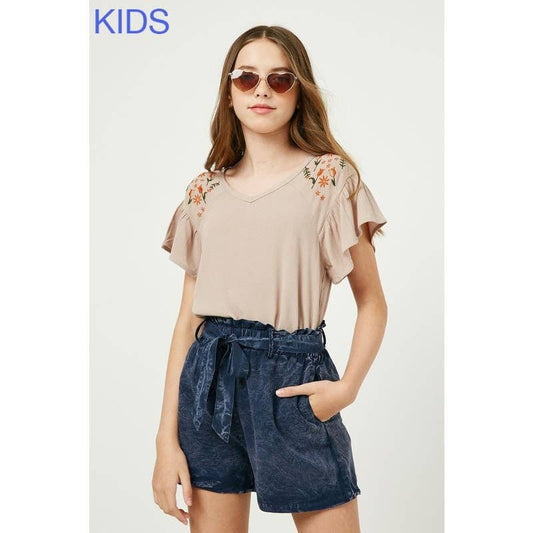 Girls Embroidered Flutter Sleeve Top