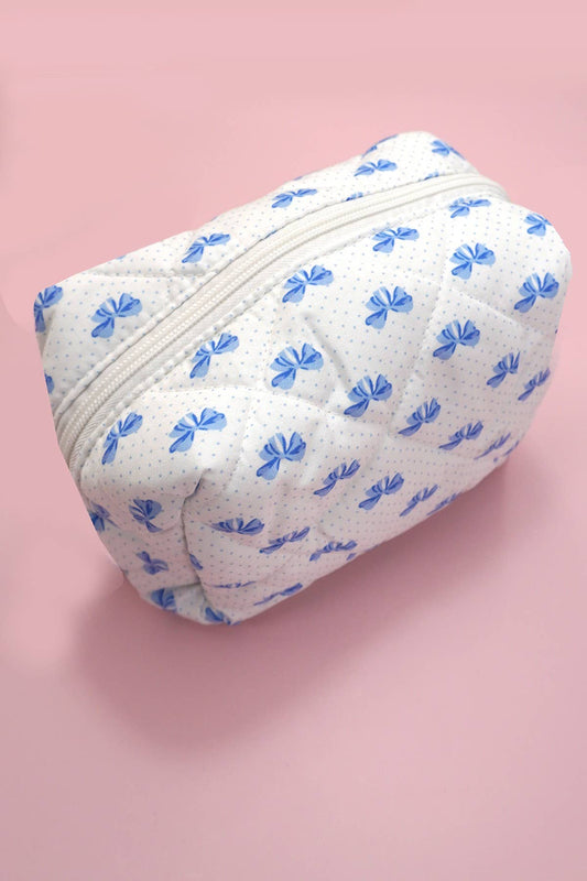 QUILTED COTTON BOW COSMETIC POUCH BAG