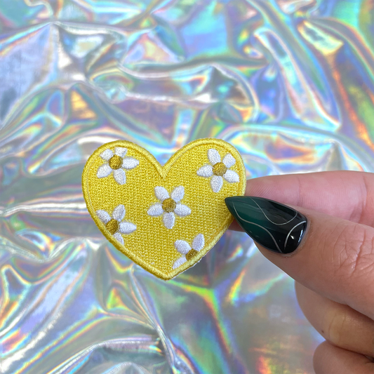 Yellow Heart with Daisies Iron On Patch
