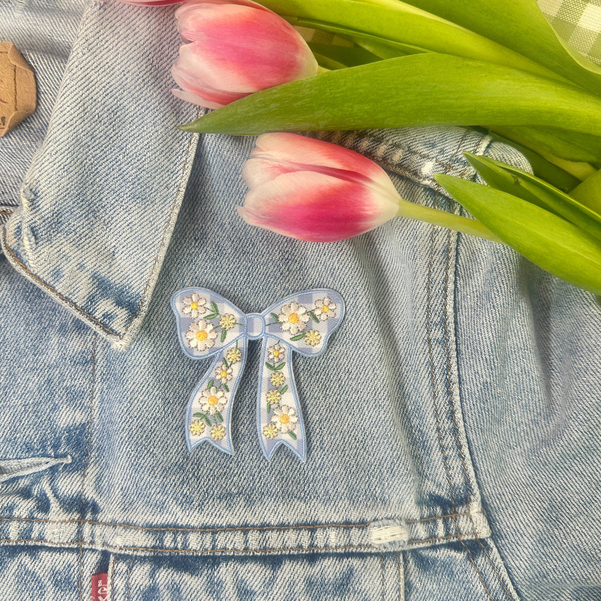 Daisy Bow Patch - Blue Gingham