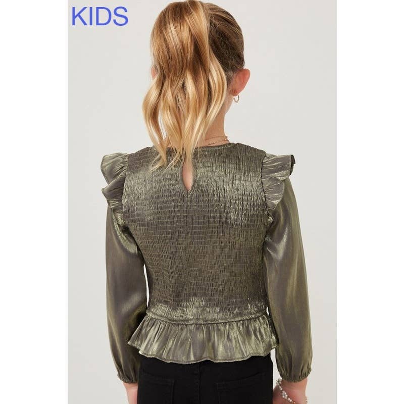 Girls Crushed Satin Smocked Ruffled Shoulder Top