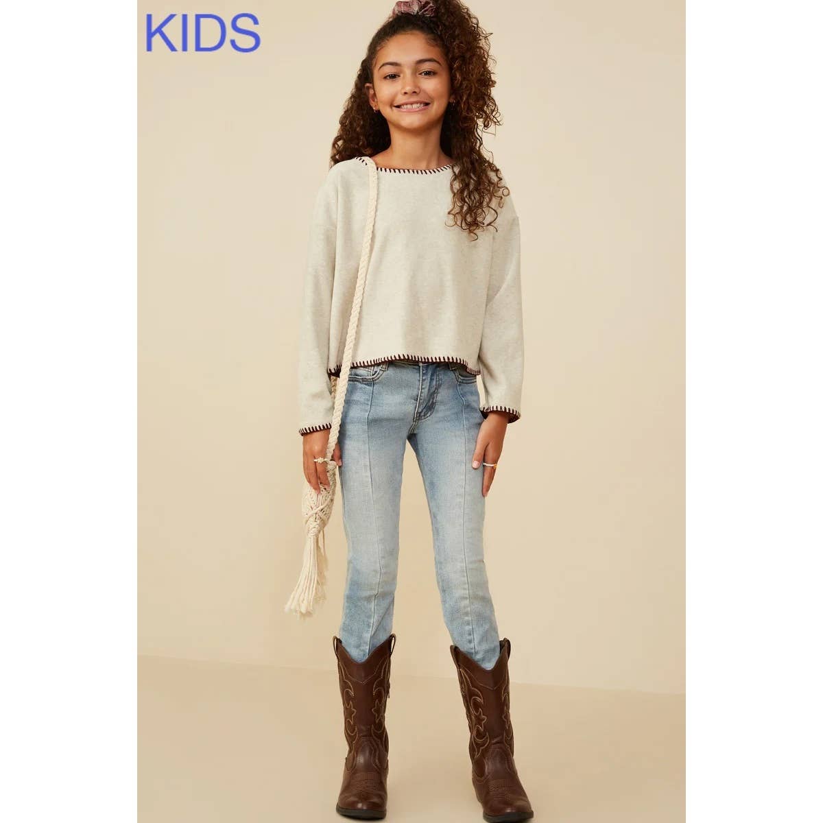 Girls Brushed Contrast Stitch Knit T Shirt