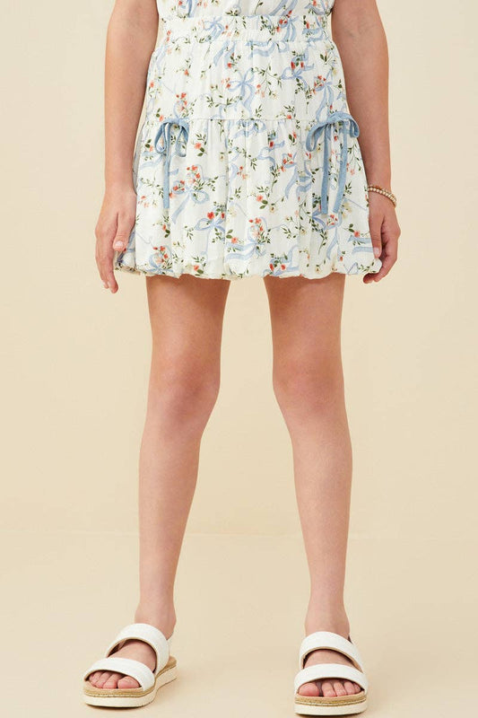 Girls Floral Ribbon Print Bow Detail Skirt