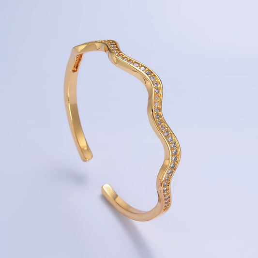 24K Gold Filled CZ Paved Wavy Cuff Bracelet