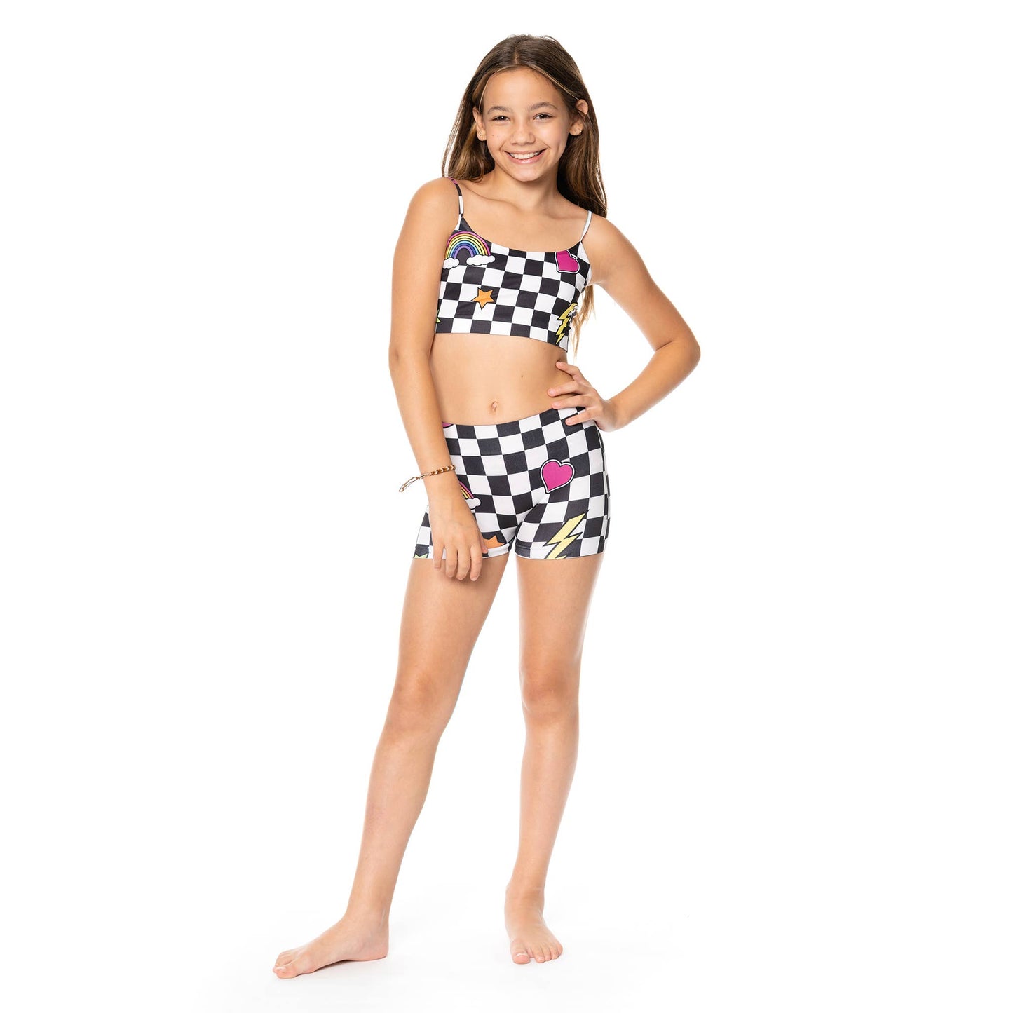 Girls (7-14) Blk & Wht Checkered w/ Icons Print