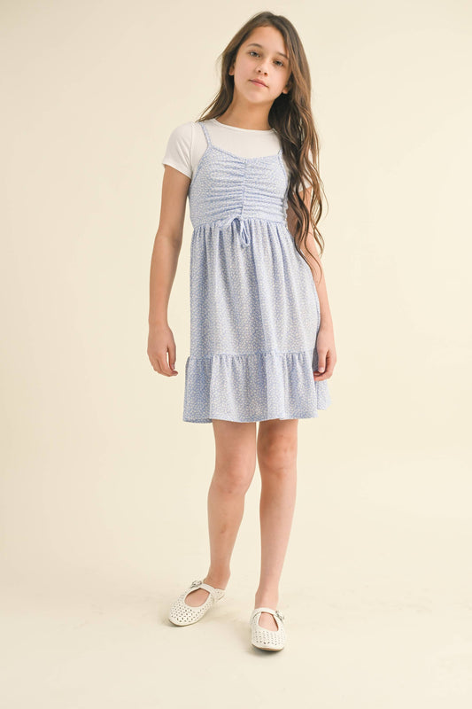 GIRLS FAUX 2FER CINCHED FLOUNCE DRESS