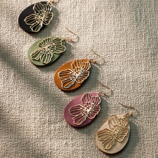 Wood Metal Filigree Oval Dangling Earrings